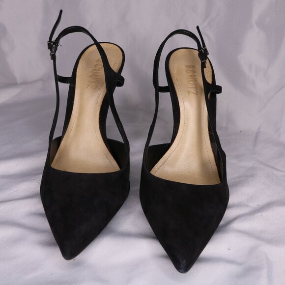 Schutz Black Suede Pointed Toe Slingback Stiletto Heels Size 7.5 - Picture 3 of 6